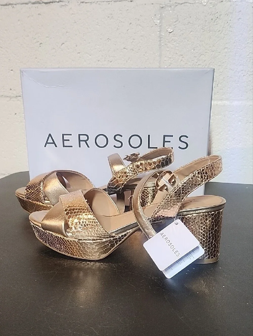 AEROSOLES Rose Gold Snake-Print Platform Sandals